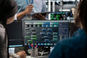 Close up of data center programmers using PC to visualize artificial intelligence neural networks. Server farm IT experts looking at monitor, working together to oversee AI systems