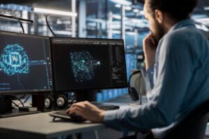 Software developer using computer to oversee server cabinets doing data intensive operations. IT specialist using PC to supervise supercomputers maintaining storage for machine learning